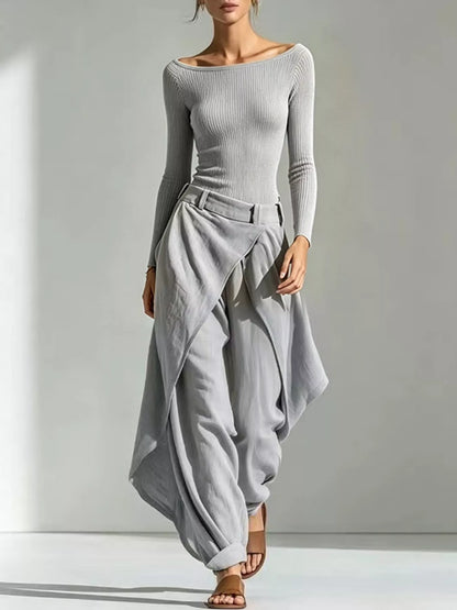 Boat Neck Long-Sleeve Top and Wrap Wide-Leg Pant Set
