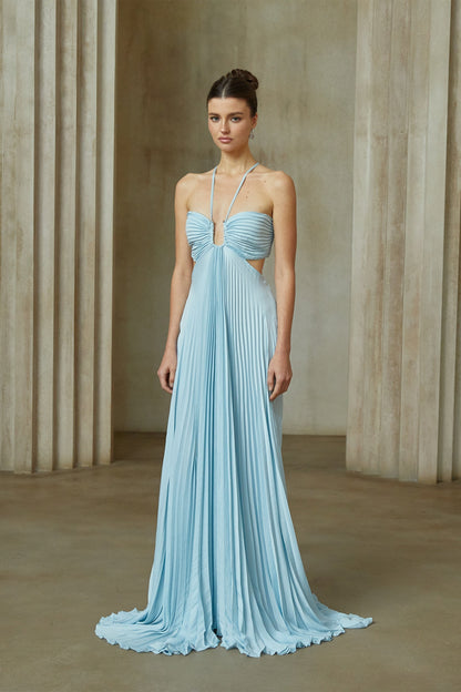 Andréa Blue Pleated Maxi Dress with Cutout Detail
