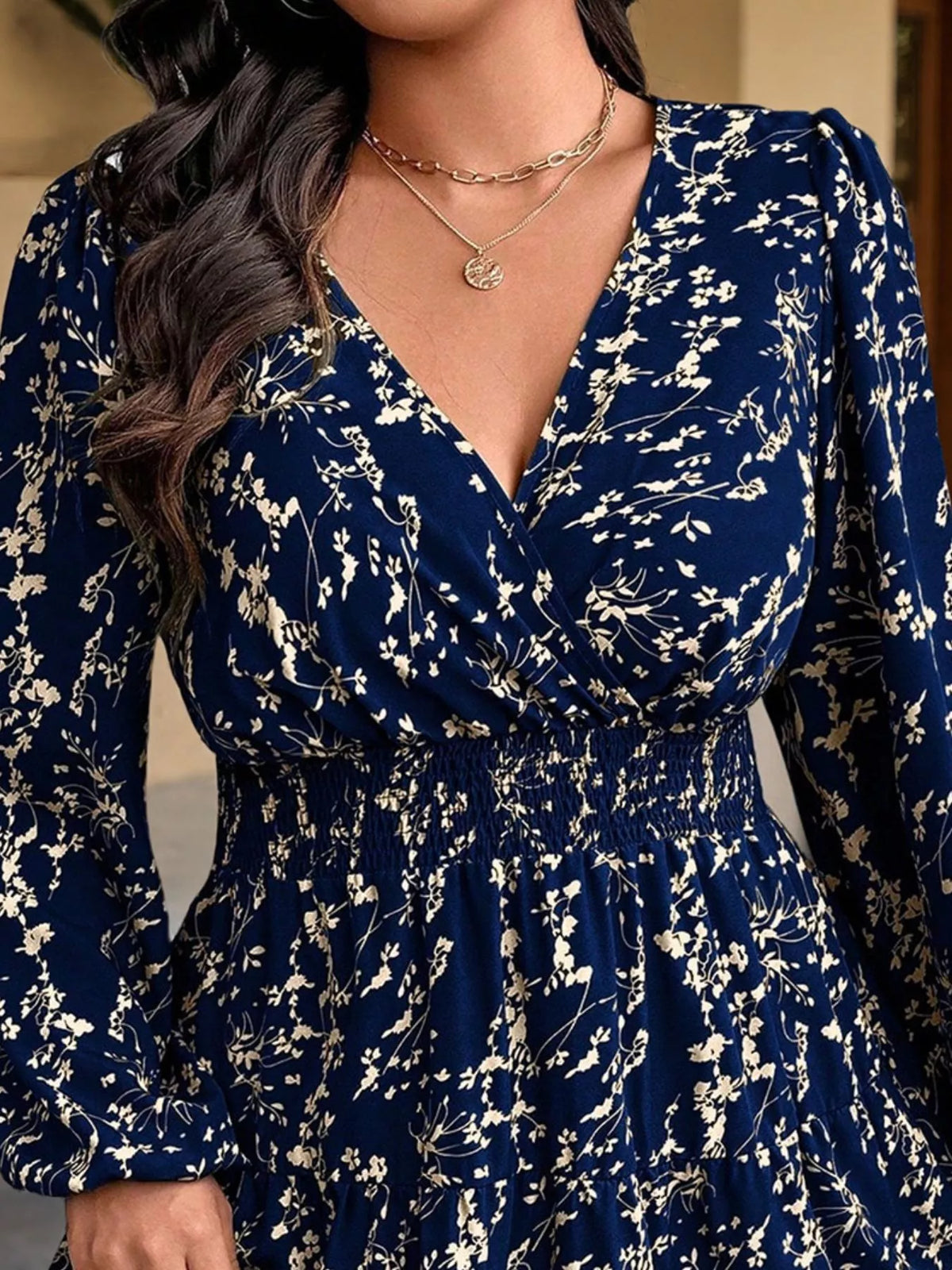 Full Size Floral Print Smocked Waist Long Sleeve Mini Dress Plus Size