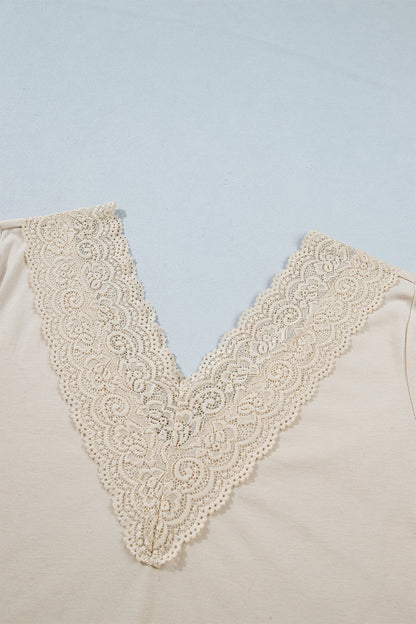 Apricot Lace Splicing V Neck Long Sleeve Top