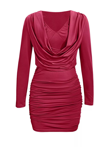 Ruched Cowl Neck Long Sleeve Mini Dress