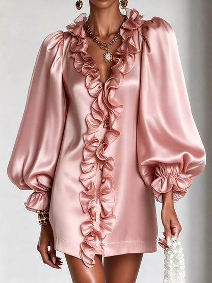 Ruffle Trim Puff Sleeve Mini Dress