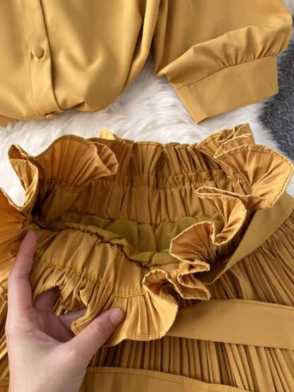 Puff Sleeve Shirt and Pleated Skirt Set