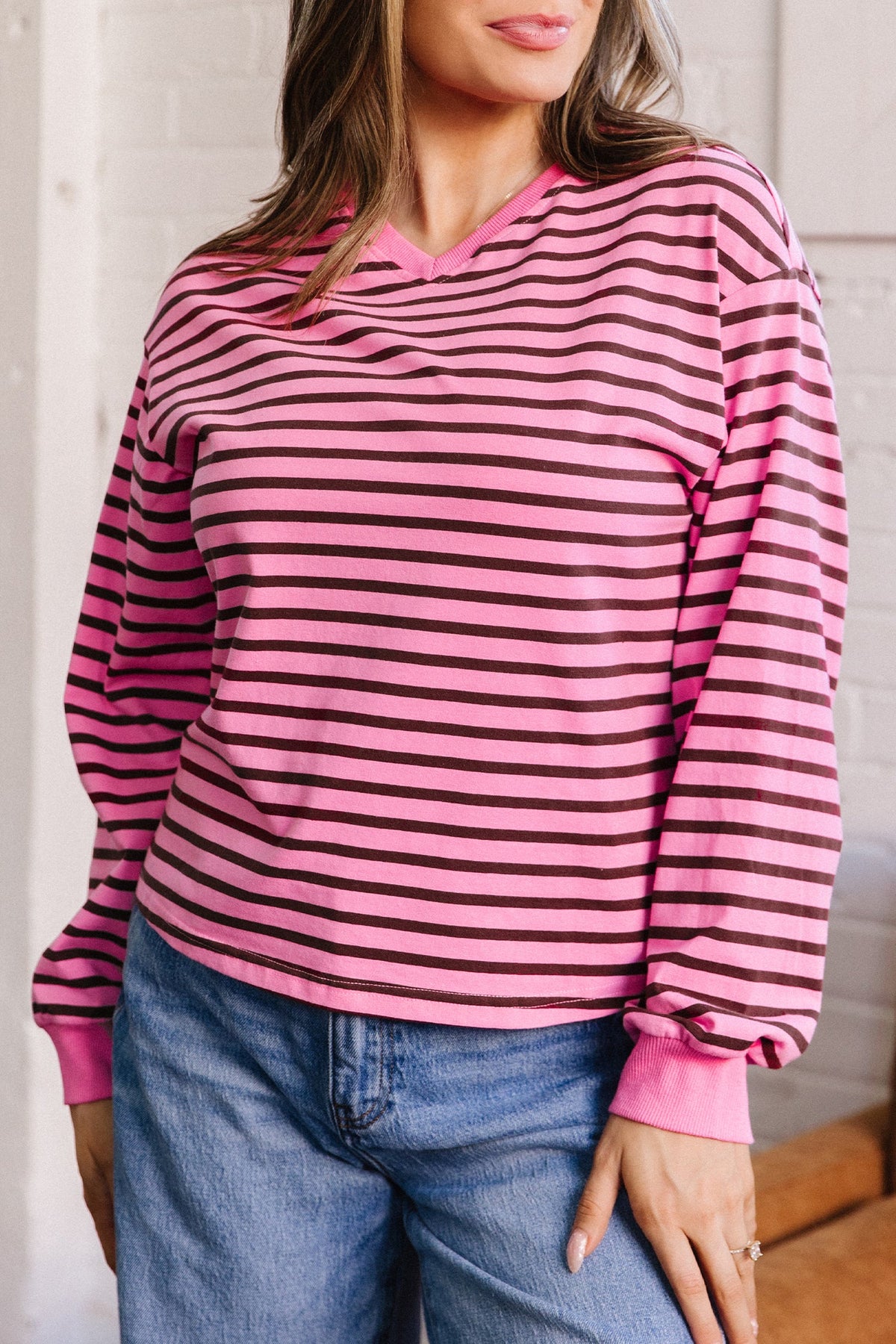 Pink Stripe V Neck Long Sleeve Drop Shoulder Blouse