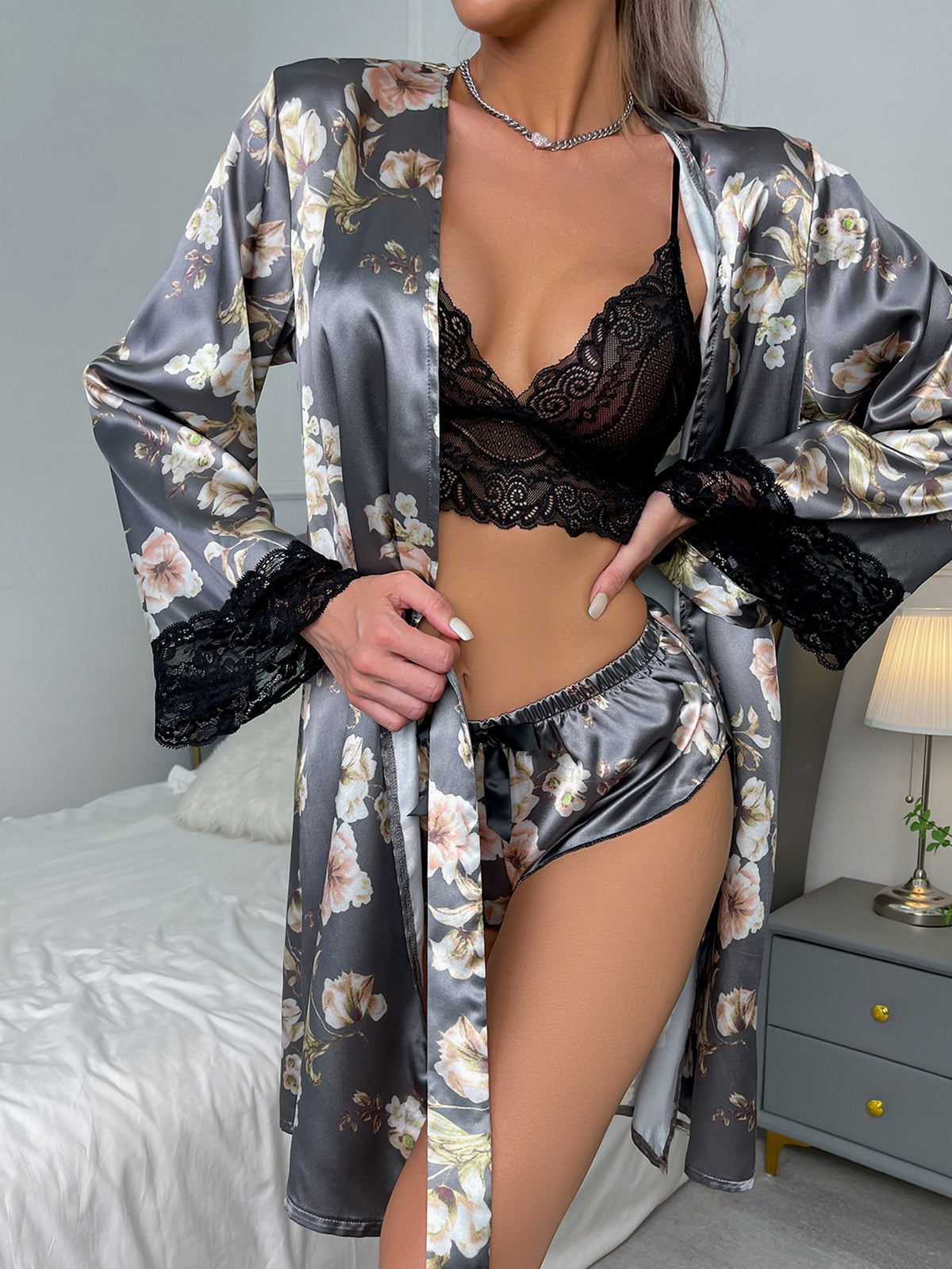 Floral Print Belted Satin Robe With Lingerie Set
