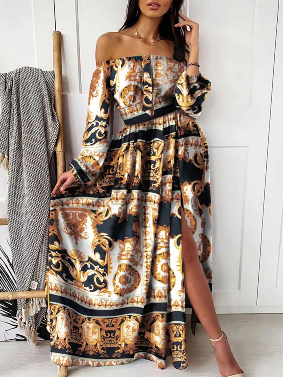 Slit Printed Off Shoulder Maxi Dress