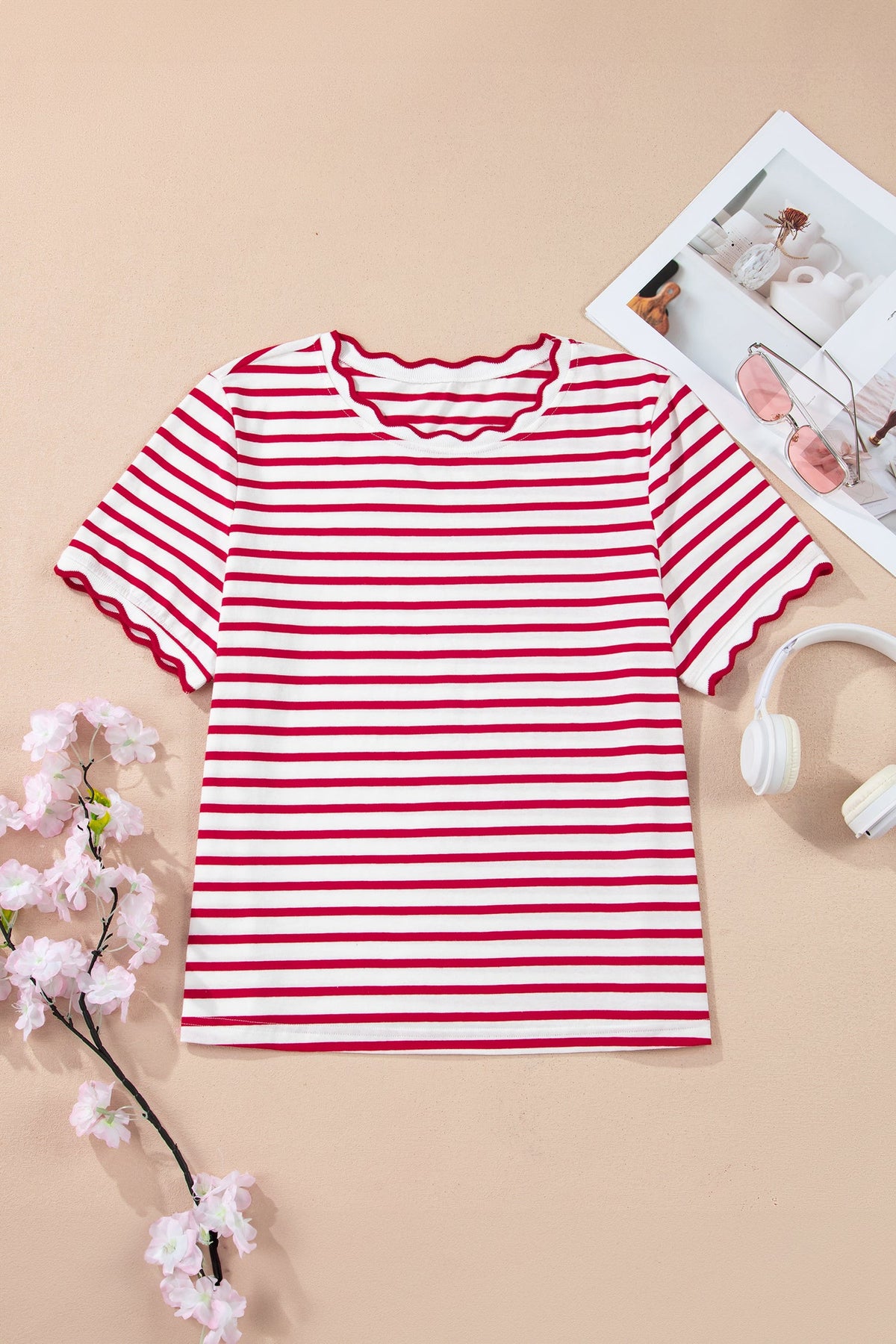 Red Stripe Scalloped Trim Round Neck T Shirt