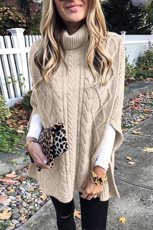Clidresse Turtleneck Cable Cloak Poncho Sweater