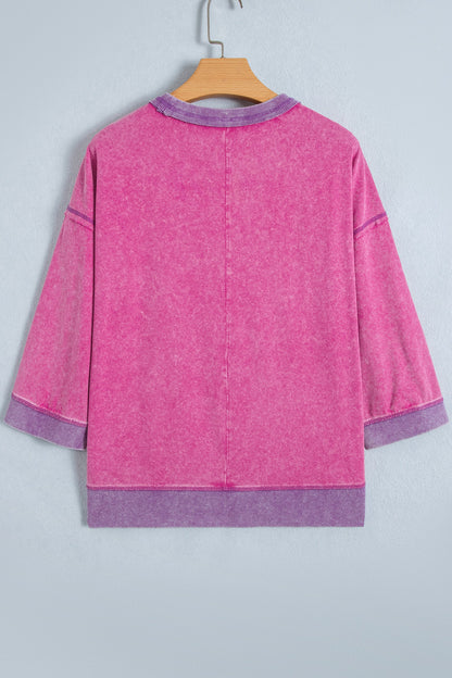 Strawberry Pink Mineral Wash Color Block Trim Bracelet Sleeve Pullover Top
