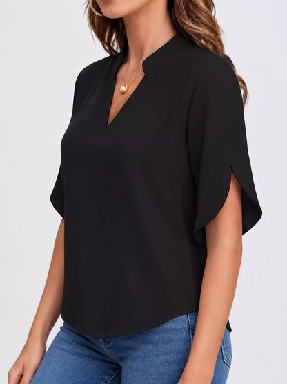 Notched Slit Short Sleeve Blouse