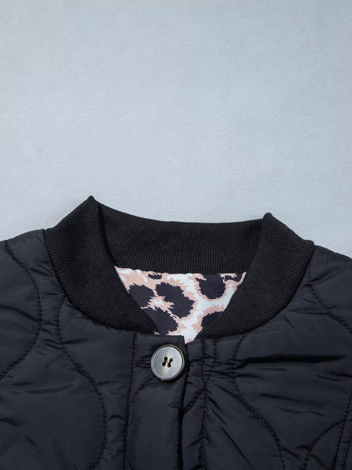 Quilted Leopard Cuff Button Down Puffer Jacket