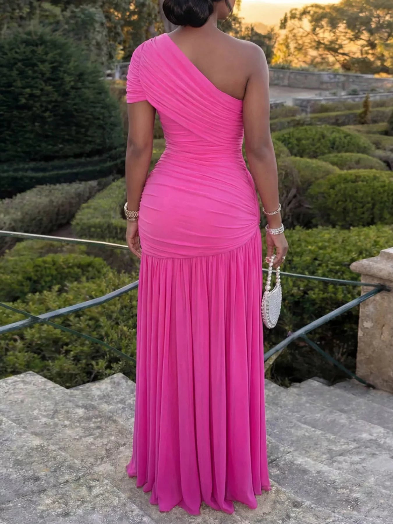Kaia's One-Shoulder Ruched High-Slit Evening Floor-Length Dress