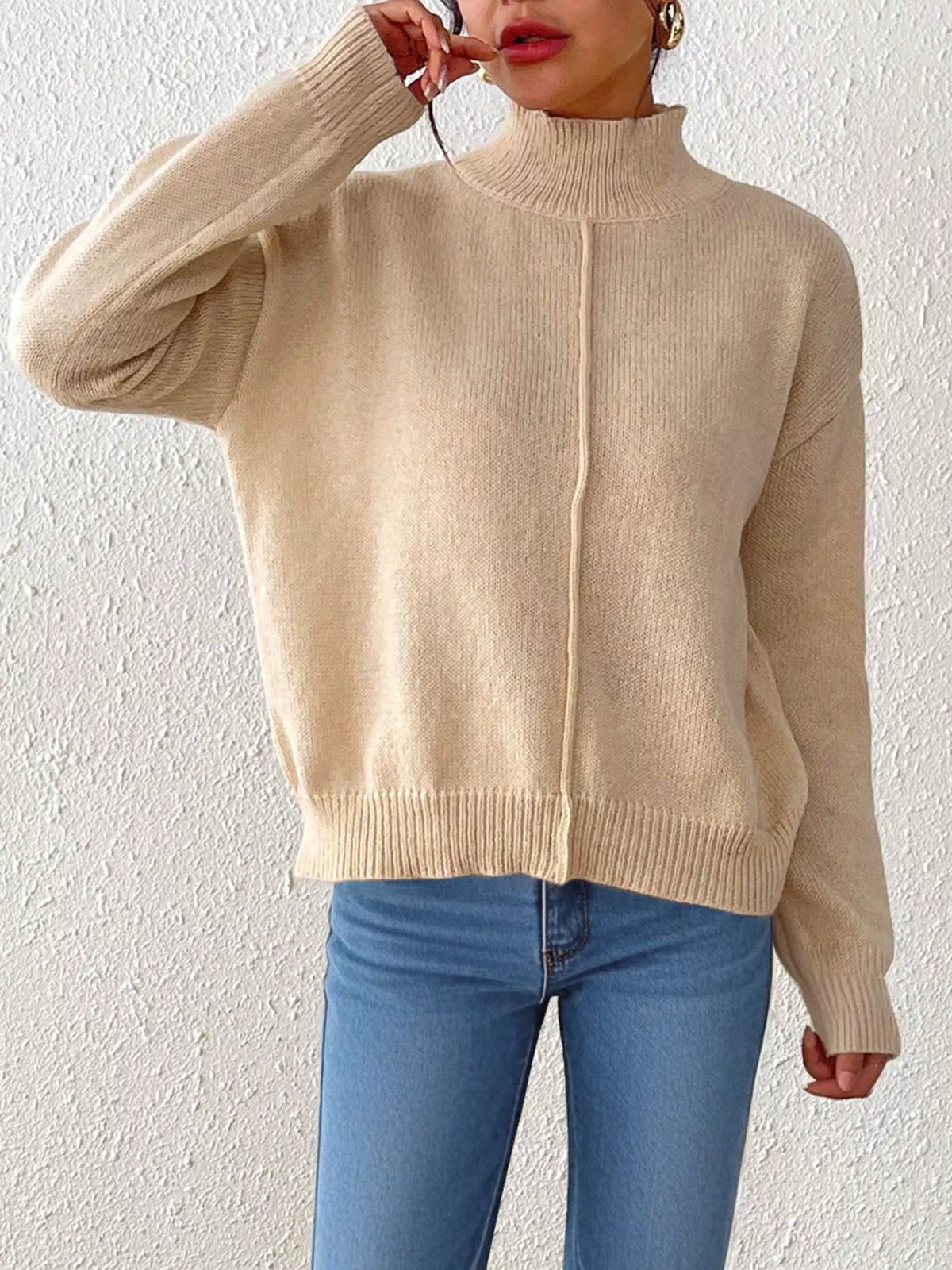 Center Seam Detail Turtleneck Sweater for Women