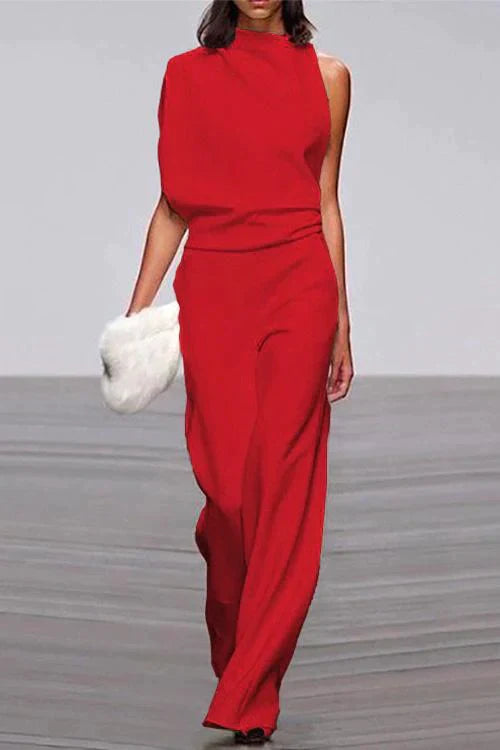 Cowl Neck One Shoulder Batwing Sleeve Party Suit Red