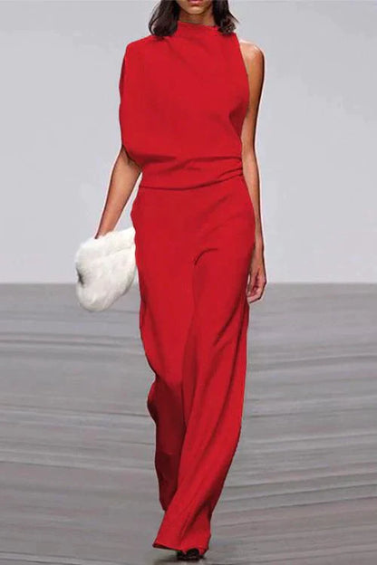 Cowl Neck One Shoulder Batwing Sleeve Party Suit Red