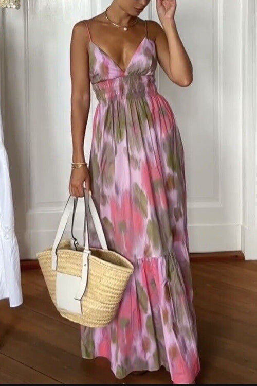 V Neck Open Back High Waist Tie Dye Maxi Vacation Dress