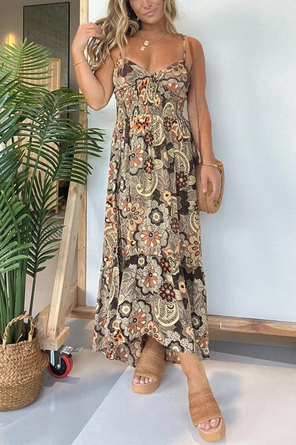 V Neck Back Lace-up Slit Floral Print Maxi Cami Dress