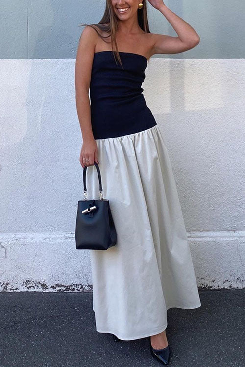 Strapless Tube Color Block Swing Maxi Dress Gray