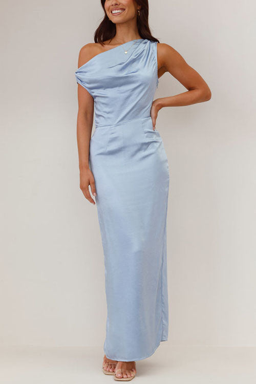 Asymmetric Shoulder Back Slit Waisted Maxi Dress