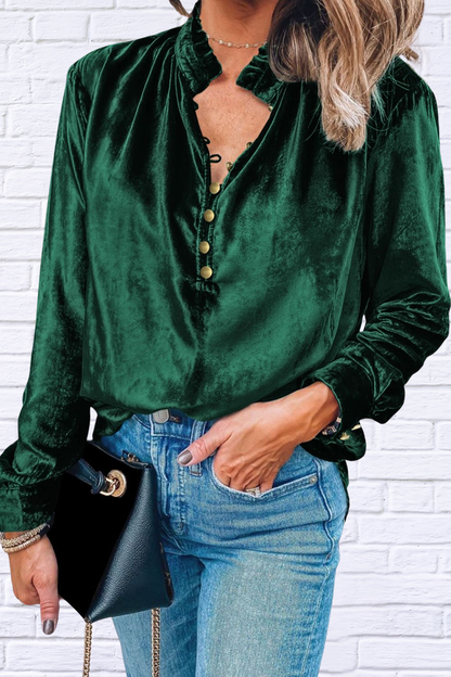 Frill Half Button Mock Neck Long Sleeve Blouse Dark Green