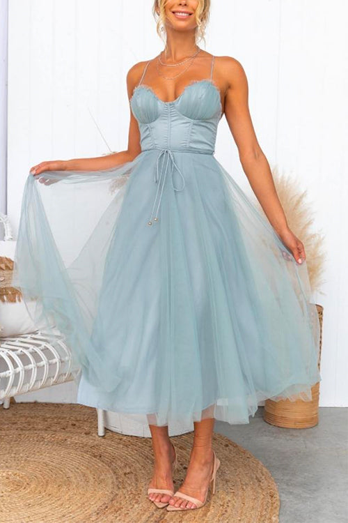 Adjustable Spaghetti Strap Backless Mesh Maxi Party Dress LightBlue