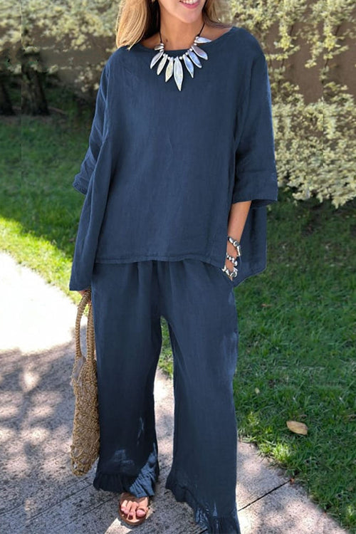 Cotton Linen 3/4 Sleeves Pullover Top Wide Leg Ruffle Hem Pants Set DarkBlue