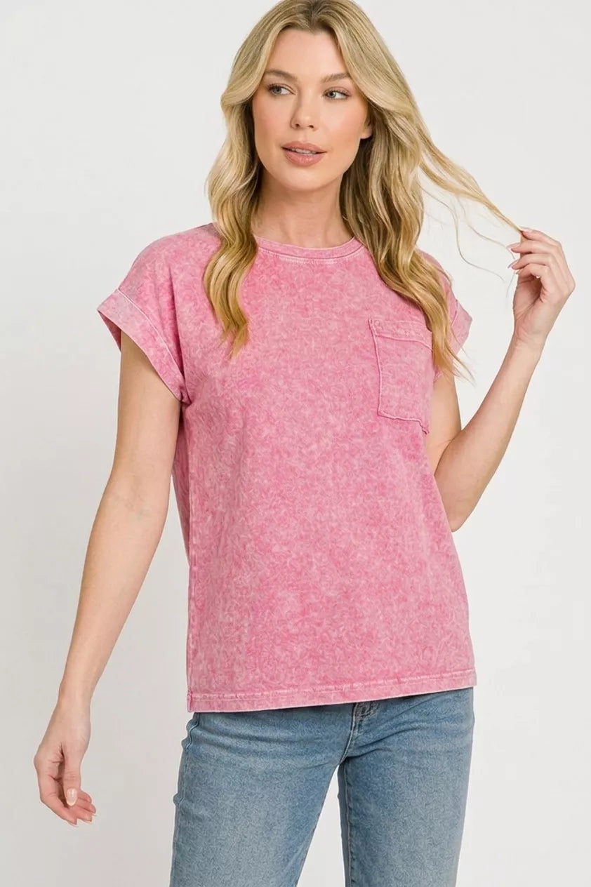 Zenana Halo Snow Washed Cuffed Short Sleeve Tee