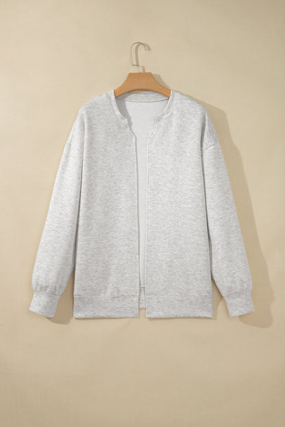 Light Grey Solid Color Zip Front Jacket Style Sweatshirt