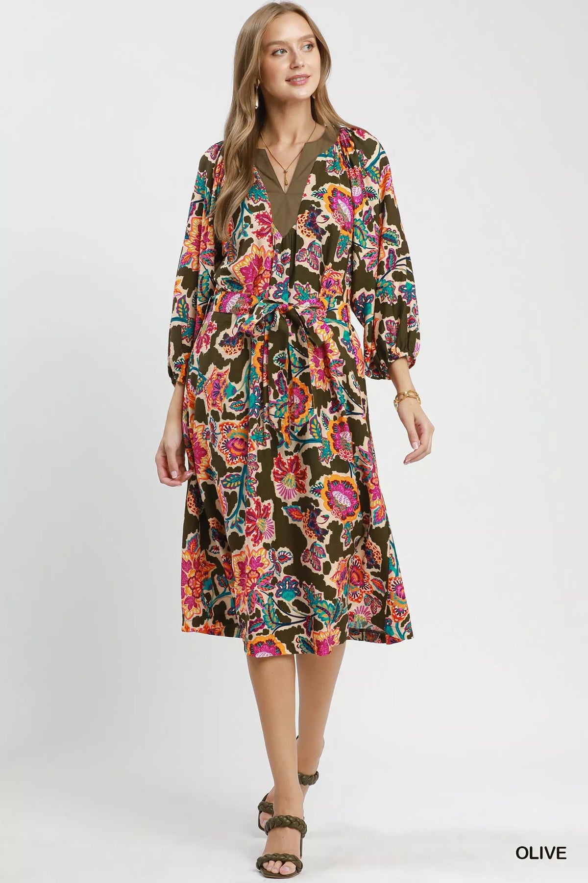 Umgee Abstract Print Embroidered Belted Midi Dress