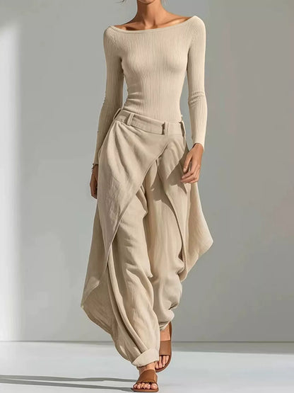 Boat Neck Long-Sleeve Top and Wrap Wide-Leg Pant Set