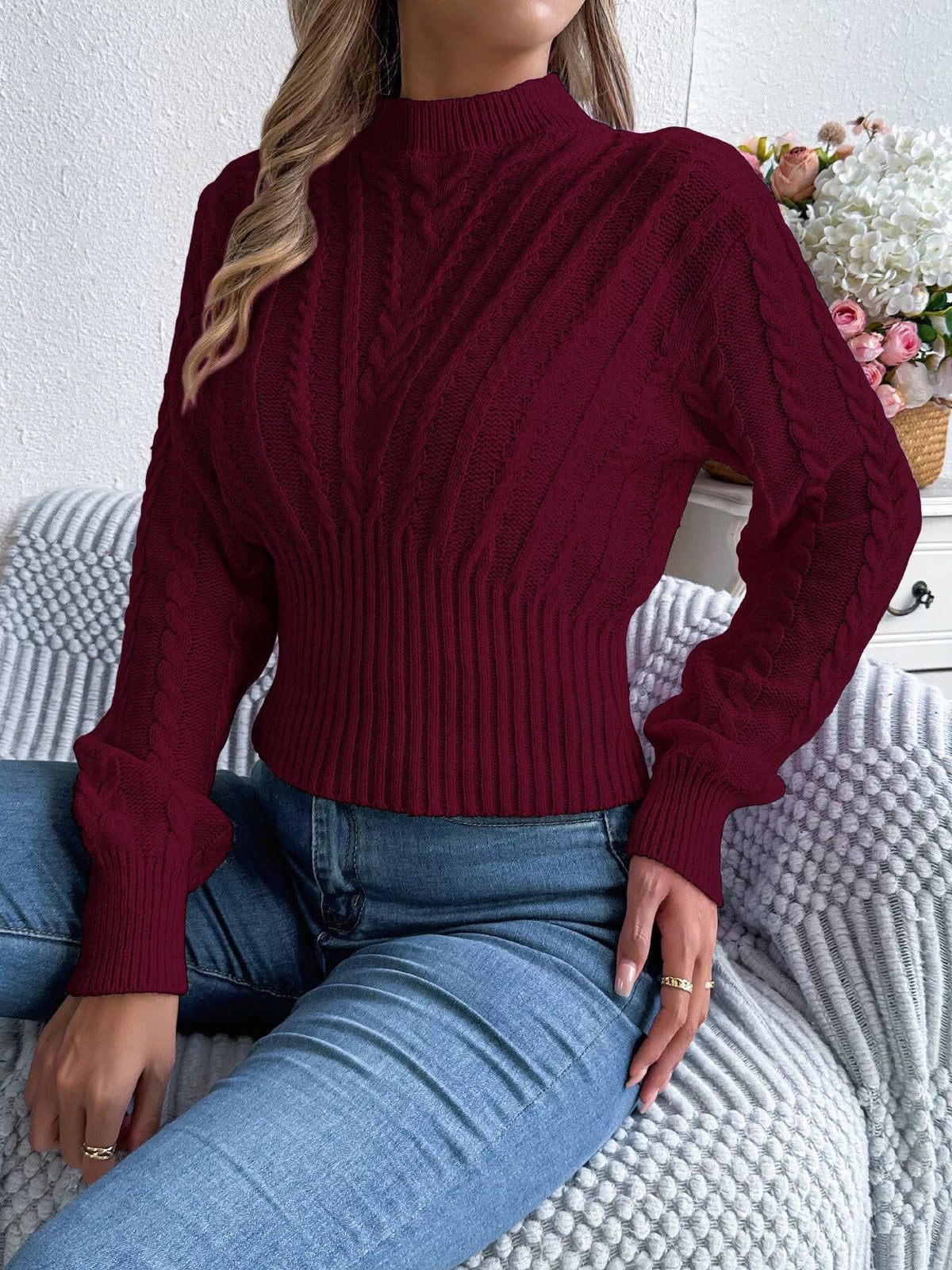 Cable Knit Mock Neck Sweater