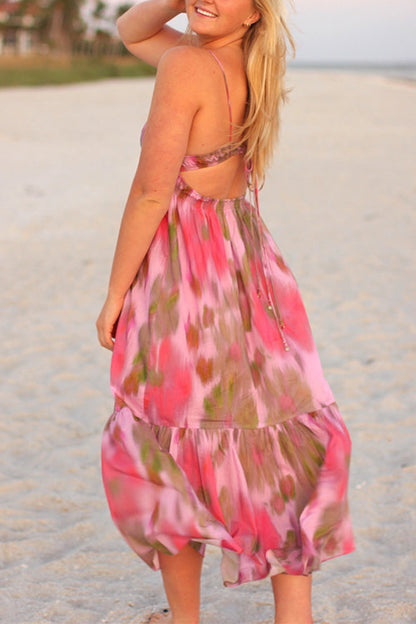 V Neck Open Back High Waist Tie Dye Maxi Vacation Dress