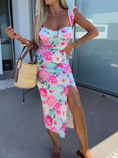 Slit Sweetheart Neck Midi Dress