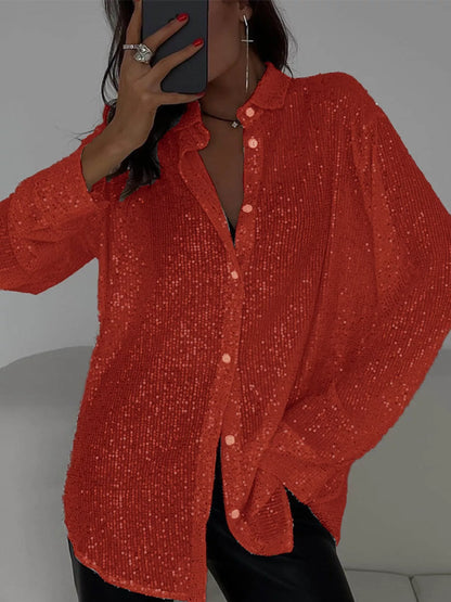 Full Size Sequin Button-Down Shirt Plus Size
