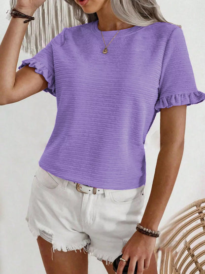 Textured Ruffle Sleeve Round Neck T-Shirt