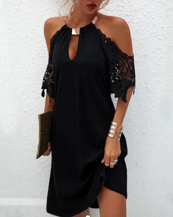 Clidress Lace Metal Neck Sleeve Dress
