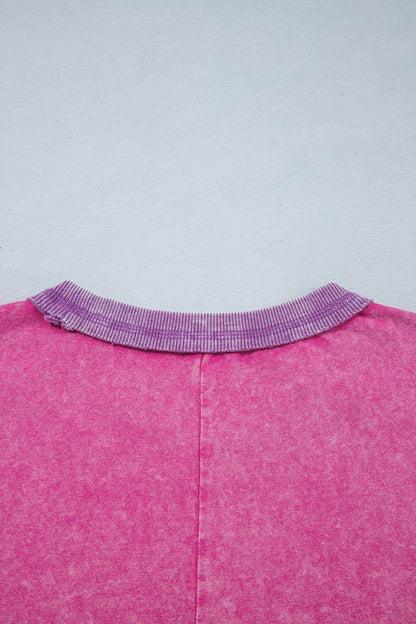 Strawberry Pink Mineral Wash Color Block Trim Bracelet Sleeve Pullover Top