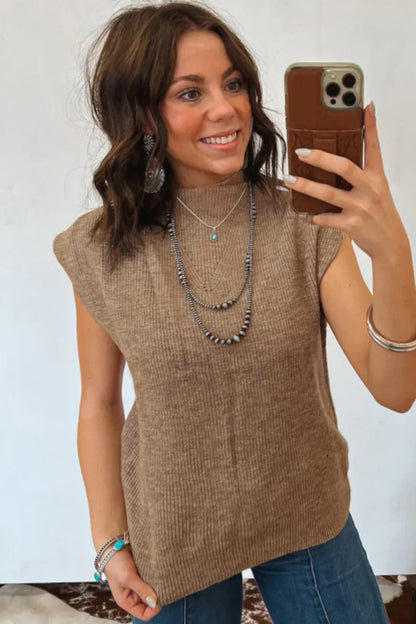 Light French Beige Solid Color Ribbed Knit Mock Neck Loose Sleeveless Sweater