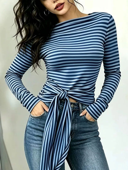 Long Sleeve Striped T-Shirt with Front Tie Detail