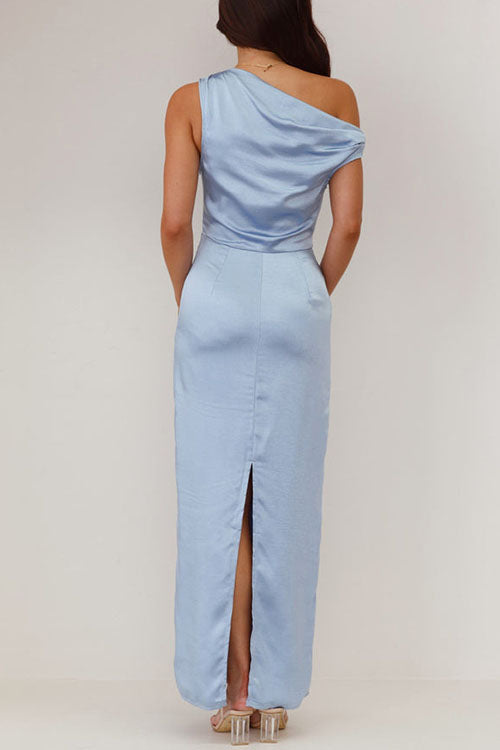 Asymmetric Shoulder Back Slit Waisted Maxi Dress