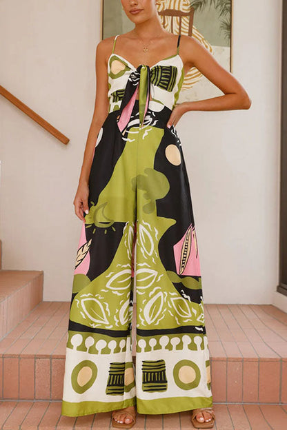 Tie Front Cut Out Wide Leg Printed Cami Jumpsuit