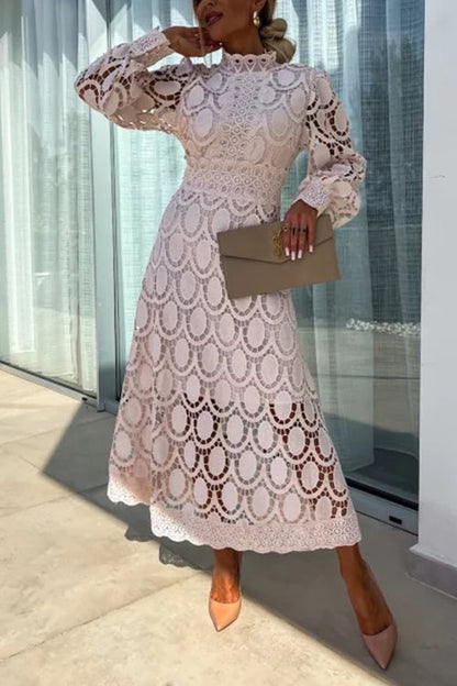 Mockneck Puff Sleeves Lace Hollow Out Mid Dress Apricot