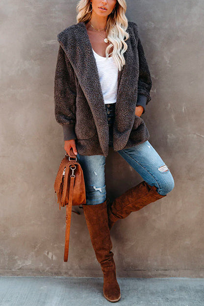 Open Front Hoodied Fuzzy Outwear with Pockets