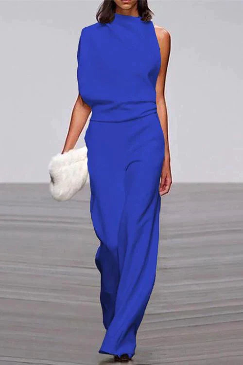 Cowl Neck One Shoulder Batwing Sleeve Party Suit Blue