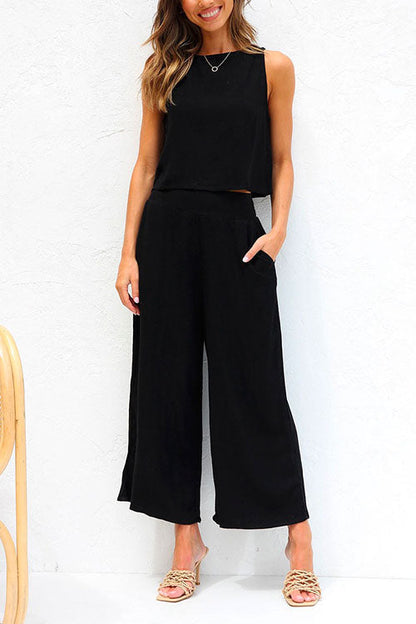 Buttons Tank Top and Pockets Wide Leg Crop Pants Set Black