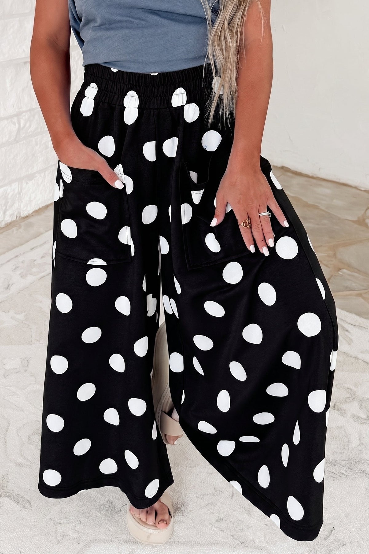 Sail Blue Polka Dot Wide Leg Elastic Waist Casual Pants