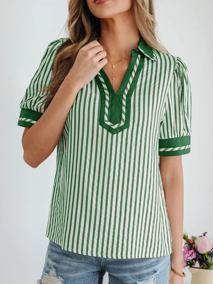 Stripe Collared Split Neck Short Bubble Sleeve Blouse