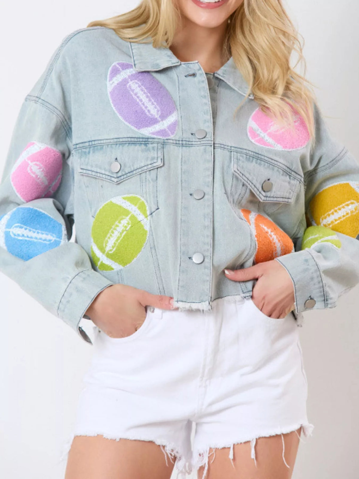 Applique Cropped Denim Jacket with Raw Hem