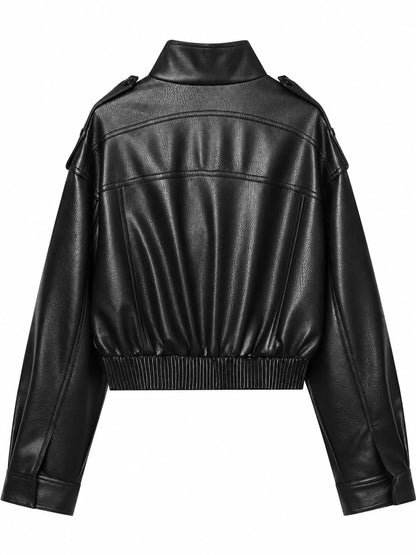 Faux Leather Cropped Bomber Jacket