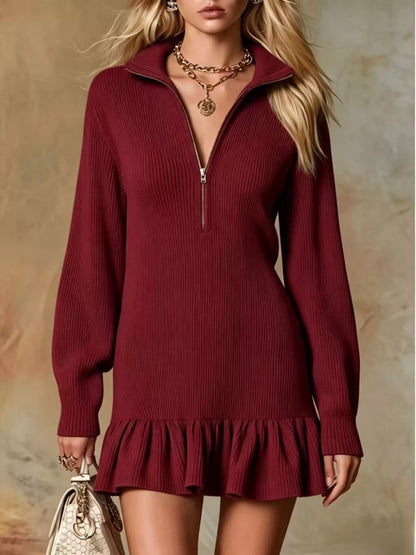 Full Size Half Zip Ruffled Hem Dress Plus Size